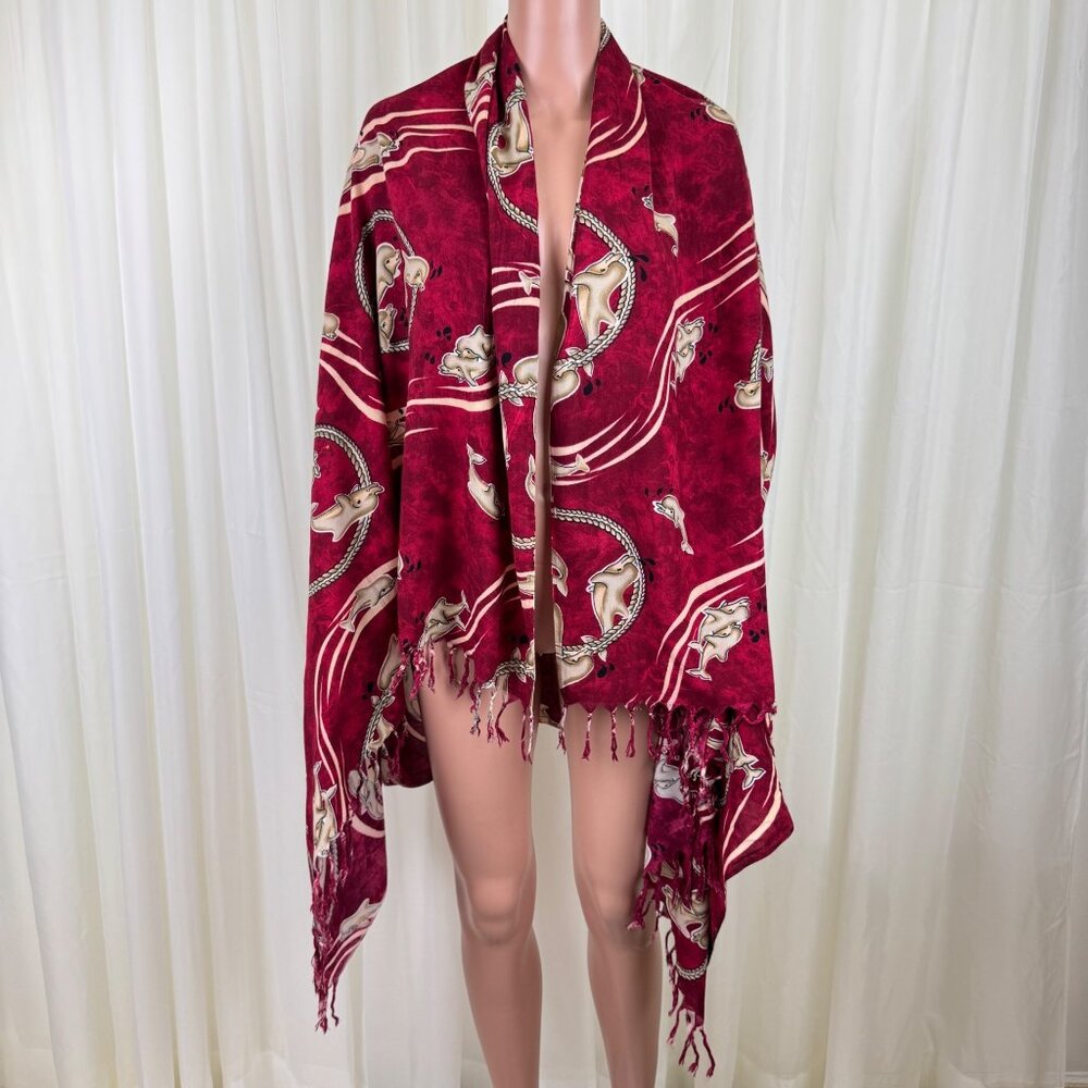 NWOT Women's Shore Line Dolphin Print Scarf Wrap Shawl Cape 66” x 45” Burgundy